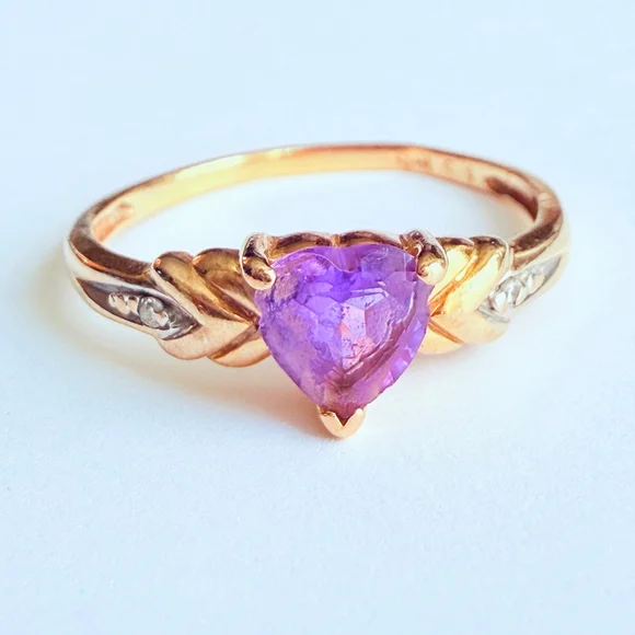 14K Yellow Solid Gold .55 CT Amethyst Shape Heart Natural Diamond Love Band Ring - Picture 1 of 11